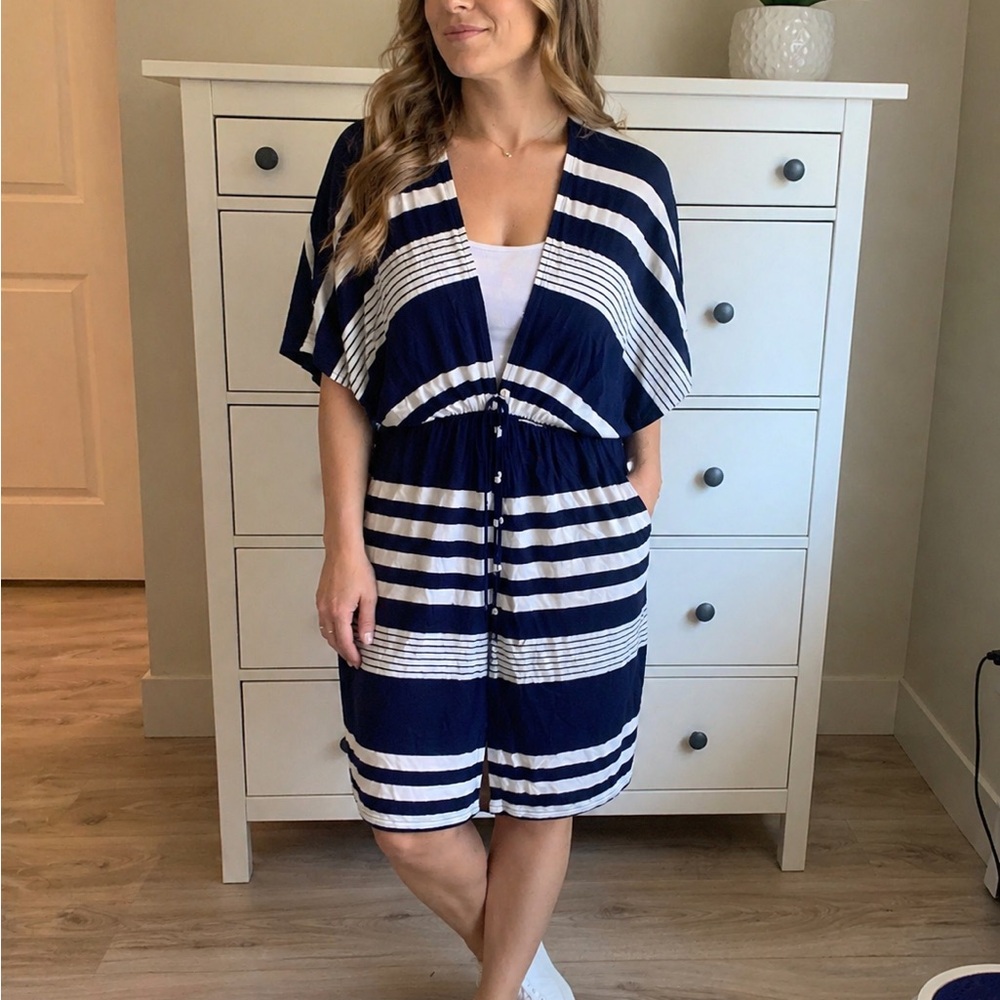 Navy & White Striped V-Neck Dress/Swim Cover Up